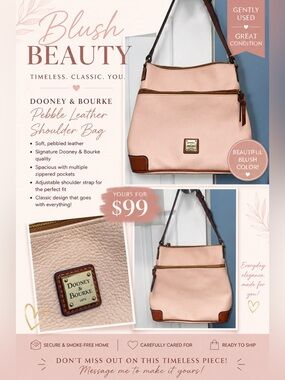 Dooney & Bourke Blush Pink Pebble Leather Shoulder Bag with Brown Trim